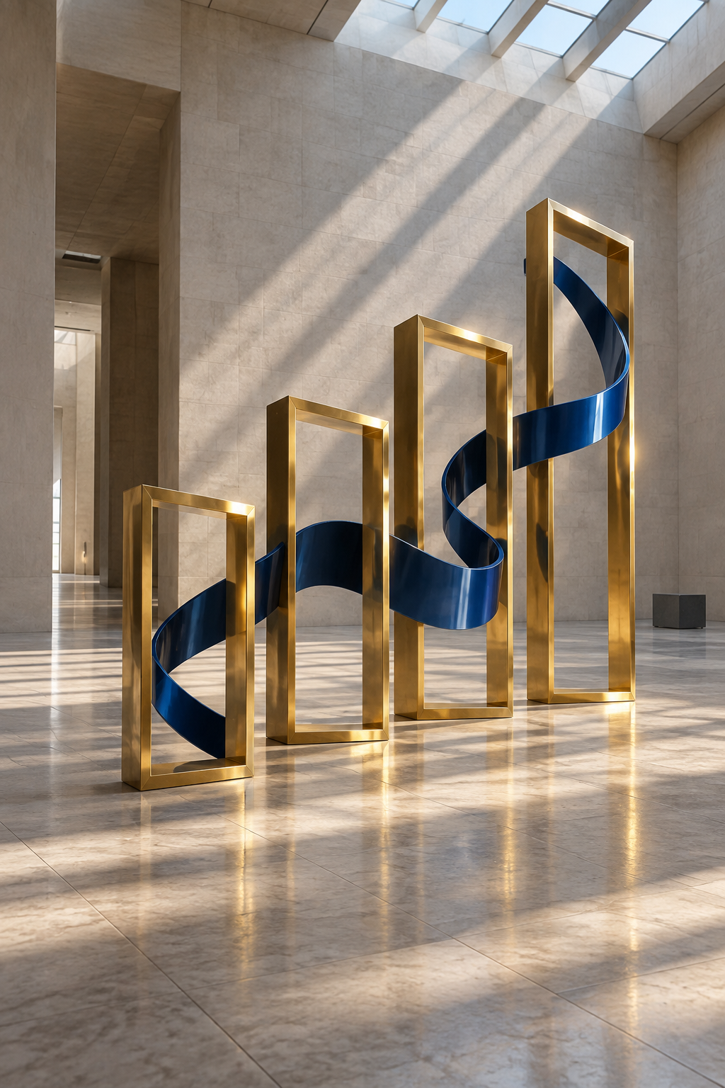 Original conceptual artwork: polished gold frames linked by a deep-blue ribbon in a sunlit gallery